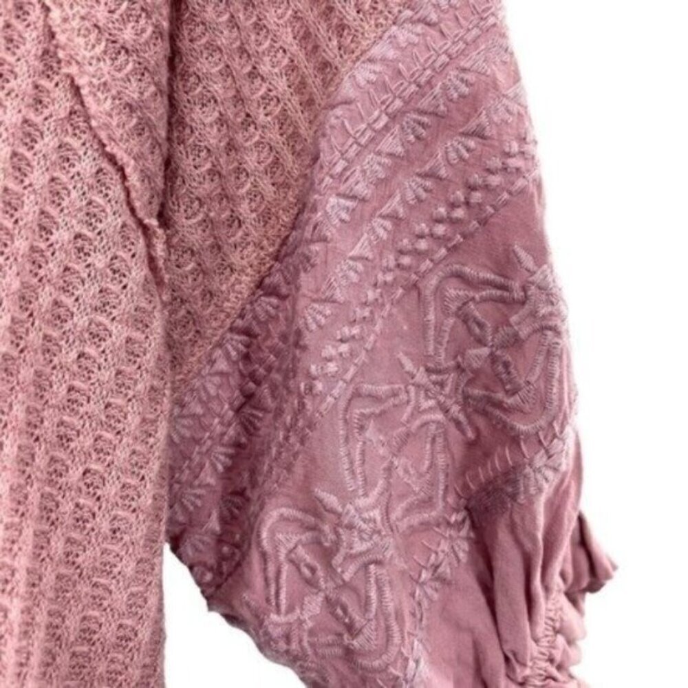 In Loom Waffle Knit Top Mauve Embroidered Puff Sleeve - Picture 5 of 9